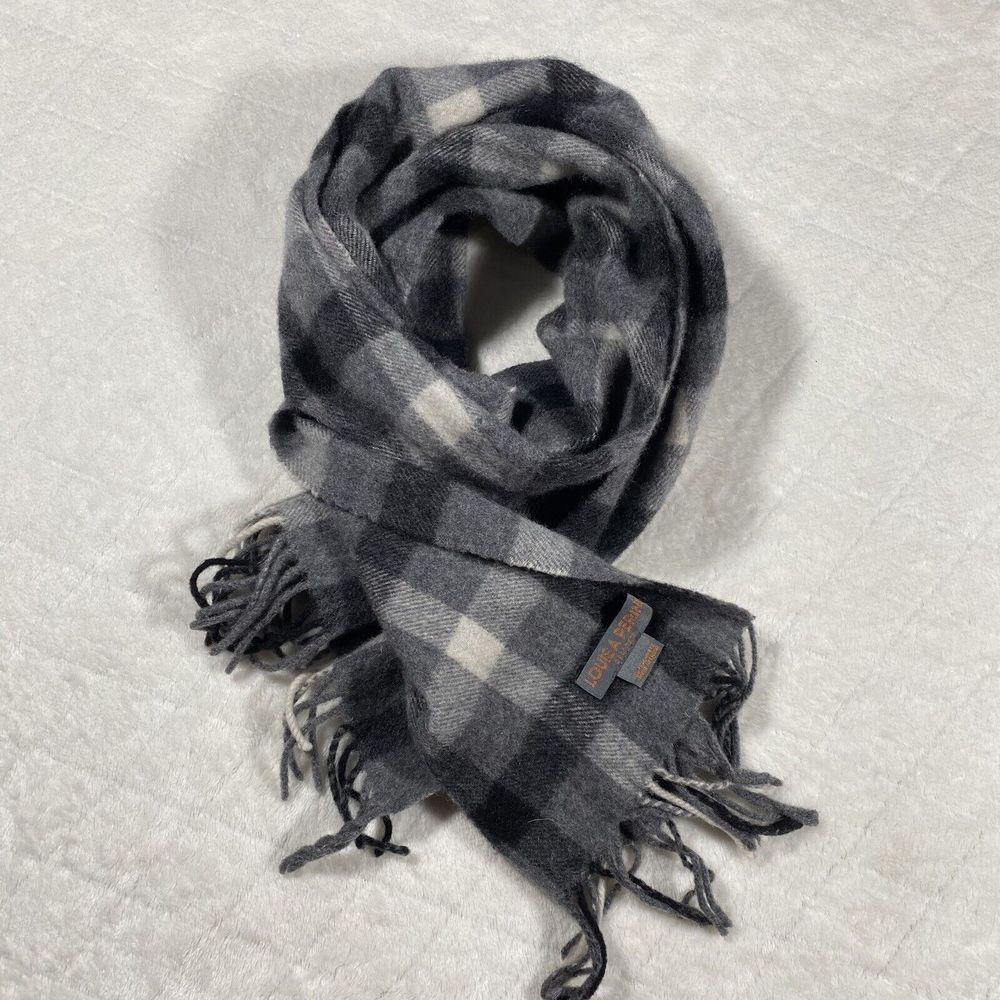 Louisa Perini Cashmere Scarf Fringed Rectangle Scarf Gray Black White Plaid Cozy